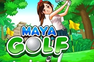Młoda kobieta grająca w golfa na tle dżungli i ruin Majów, z napisem Maya Golf