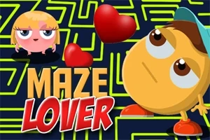 Postacie animowane na tle labiryntu z dwoma czerwonymi sercami i napisem „Maze Lover”