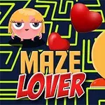 Postacie animowane na tle labiryntu z dwoma czerwonymi sercami i napisem „Maze Lover”