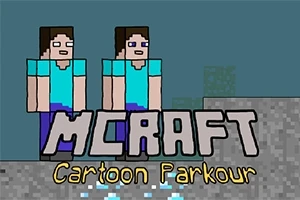 Dwóch pikselowych ludzików w niebieskich koszulkach na szarym tle z dużym napisem MCRAFT Cartoon Parkour