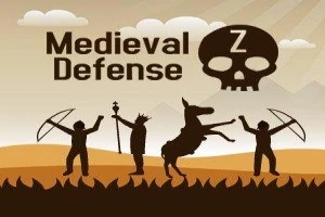 Postacie średniowiecznych wojowników z łukami i osłem na tle czaszki oraz napis Medieval Defense na jasnobrązowym tle