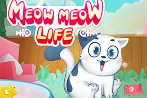 Szczęśliwy biało-czarny kot siedzi na trawie z zabawkami w tle oraz kolorowym napisem Meow Meow Life u góry
