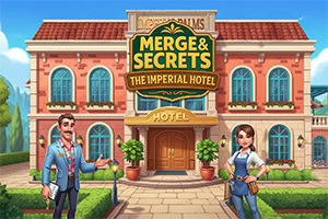 Kolorowa ilustracja fasady hotelu z szyldem „Merge & Secrets: The Imperial Hotel, wejściem w centrum oraz dwiema postaciami stojącymi przed budynkiem