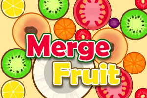 Plastry owoców, takich jak kiwi, pomarańcze, cytryny i pomidory, z napisem Merge Fruit na środku