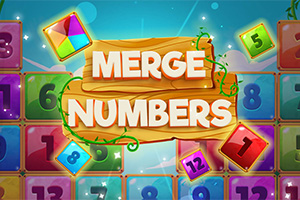 Kolorowe kafelki z liczbami i geometrycznym wzorem wokół drewnianego szyldu z tekstem Merge Numbers na niebieskim tle