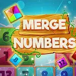 Kolorowe kafelki z liczbami i geometrycznym wzorem wokół drewnianego szyldu z tekstem Merge Numbers na niebieskim tle