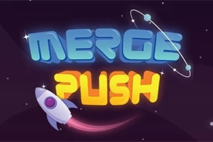 Napis MERGE PUSH w stylu neonowym na ciemnym tle z rysunkiem rakiety i pierścienia z planetą