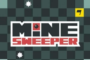 Logo z napisem Minesweeper z czarno-czerwonym motywem na szachownicy z minami i liczbą siedem w żółtym kwadracie