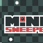 Logo z napisem Minesweeper z czarno-czerwonym motywem na szachownicy z minami i liczbą siedem w żółtym kwadracie
