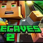 Postać z pikselowymi włosami i zielonymi oczami trzymająca pochodnię, z napisem MINECAVES 2 na pierwszym planie