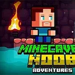 Postać z pikseli stoi na tle mrocznej jaskini z pochodnią, kamieniem i klejnotem oraz kolorowym napisem Minecaves Noob Adventures
