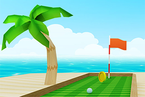 Palma przy drewnianym molo z polem golfowym, piłką, monetą i flagą na tle morza i nieba