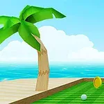 Palma przy drewnianym molo z polem golfowym, piłką, monetą i flagą na tle morza i nieba
