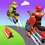 Dwie futurystyczne postacie na motocyklach wyścigowych, jedna w żółtym, druga w czerwonym stroju, jadą po krętej drodze w kolorowej, kreskówkowej scenerii