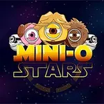Kosmiczne tło z trzema kolorowymi postaciami o pojedynczym oku nad napisem MINI-O STARS