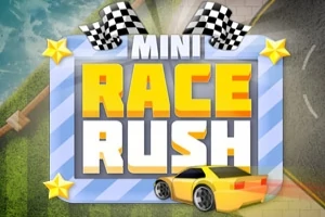 Plakat z napisem MINI RACE RUSH otoczony gwiazdami i flagami szachownicy, z żółtym sportowym samochodem w prawym dolnym rogu
