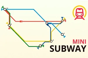 Schematyczna mapa metra z różnokolorowymi liniami i ikoną pociągu w czerwonym okręgu obok napisu MINI SUBWAY