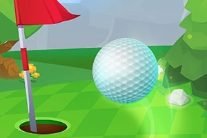 Piłeczka golfowa unosząca się nad polem golfowym z dołkiem i czerwoną flagą w tle, otoczona zielonym krajobrazem