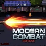 Postać w zbroi strzelająca z potężnej broni na tle iluminowanej ulicy z kawiarenką i napisem Modern Combat Defense