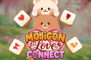Kolorowe logo z napisem „MOJICON Love & CONNECT z emotikonami misiów, serca, róży, kokardki i koperty na pastelowym, rozmytym tle
