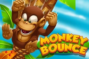 Małpa wspinająca się na palmę z uśmiechem na twarzy na tle błękitnego nieba, obok kolorowy napis Monkey Bounce