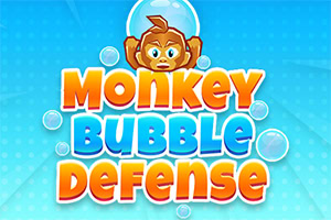Małpa w hełmie z bąbelków nad kolorowym napisem Monkey Bubble Defense na niebieskim tle z bąbelkami