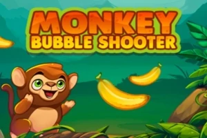 Małpka z szerokim uśmiechem otoczona bananami na tle dżungli, z napisem Monkey Bubble Shooter u góry