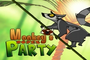 Na obrazku widoczny jest lemur wspinający się po linie na tle słonecznego krajobrazu tropikalnego, z dużym kolorowym napisem u dołu