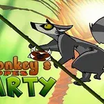 Na obrazku widoczny jest lemur wspinający się po linie na tle słonecznego krajobrazu tropikalnego, z dużym kolorowym napisem u dołu