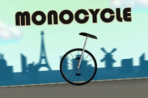Jednokołowy rower na tle miejskiego krajobrazu z napisem MONOCYCLE