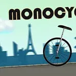 Jednokołowy rower na tle miejskiego krajobrazu z napisem MONOCYCLE