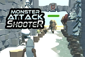 Postać w kapturze biegnie w kierunku dużego potwora na zaśnieżonej ścieżce między skałami, z napisem „Monster Attack Shooter”