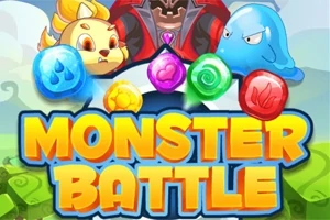 Kolorowa ilustracja z trzema postaciami: żółtym stworkiem, niebieskim blobem i ciemną postacią w pelerynie, otoczonych kolorowymi kryształami oraz napisem MONSTER BATTLE