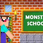 Postacie w stylu pixel art w klasie z zieloną tablicą z napisem Monster School