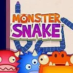 Kolorowe potwory na pierwszym planie z napisem MONSTER SNAKE i niebieskim wężem w tle