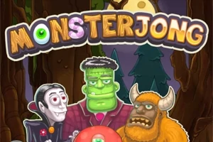 Trzy komiczne postacie potworów, w tym wampir, zielony stwór i rogaty potwór, stojące przed napisem „MONSTERJONG” na tle ciemnego lasu