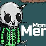 Postać z czaszką zamiast głowy i strzałą w niej, ubrana w zieloną bluzę, na ciemnym tle z białym napisem „Monsters Merge”