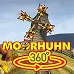 Kreskówkowy kurczak na tle wiatraka z napisem Moorhuhn 360°