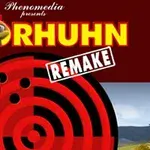 Logo z kurczakiem i napisem Moorhuhn Remake na tle krajobrazu z wieżą