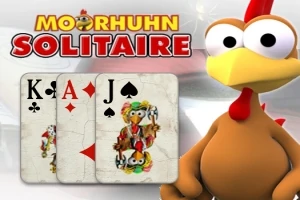 Postać kury z dużymi oczami obok trzech kart do gry przedstawiających króla, asa i waleta, na tle z napisem Moorhuhn Solitaire