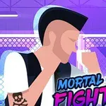 Postać z tatuażem czaszki na ramieniu w pozycji bokserskiej na tle klatki z fioletowym oświetleniem, z napisem Mortal Cage Fighter