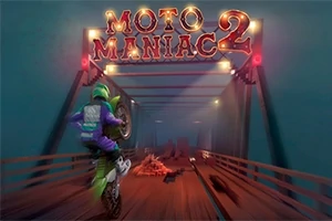 Motocyklista w zielonym stroju na tylnym kole jadący przez ciemny most pod neonowym napisem „Moto Maniac 2”
