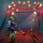 Motocyklista w zielonym stroju na tylnym kole jadący przez ciemny most pod neonowym napisem „Moto Maniac 2”