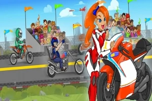 Kobieta na motocyklu w wyścigu z kibicami na trybunach w tle