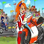 Kobieta na motocyklu w wyścigu z kibicami na trybunach w tle