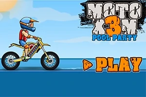 Postać motocyklisty na motorze wodnym z muzycznym kaskiem i napisem PLAY na tle niebieskiej scenerii