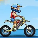 Postać w kasku na motocyklu jadąca w prawo na tle nieba