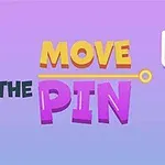 Kolorowy napis Move the Pin obok prostokątnego pojemnika z różnokolorowymi kulkami na fioletowo-niebieskim tle