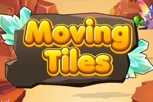Napis „Moving Tiles” na tle kolorowego krajobrazu z brązowymi skałami i kolorowymi kryształami