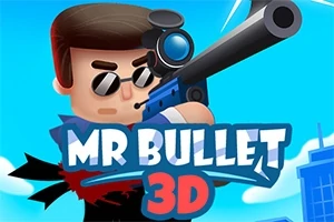 Postać z kreskówki w okularach przeciwsłonecznych trzymająca karabin na tle nieba i budynków, z napisem MR BULLET 3D